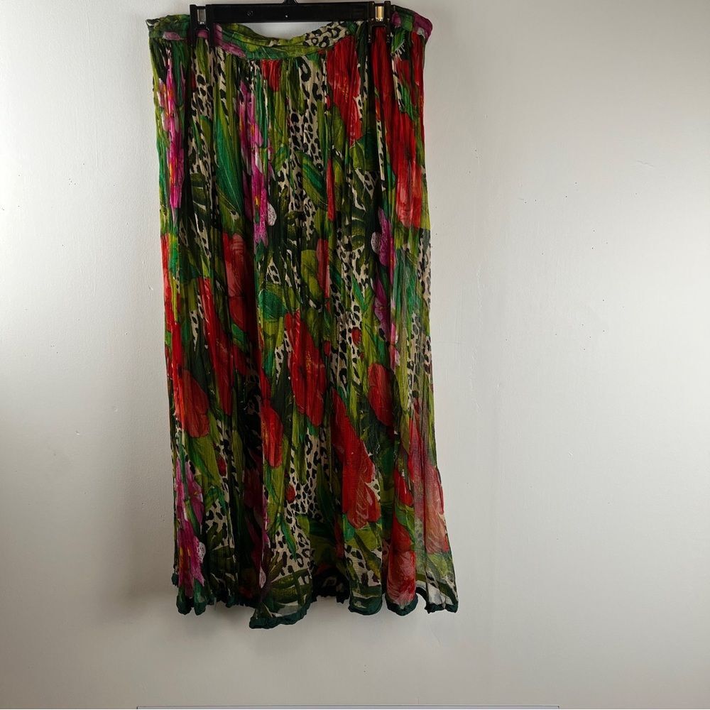 Vintage 90s Semi-Sheer Floral Sunray Pleated Drawstring Maxi Skirt